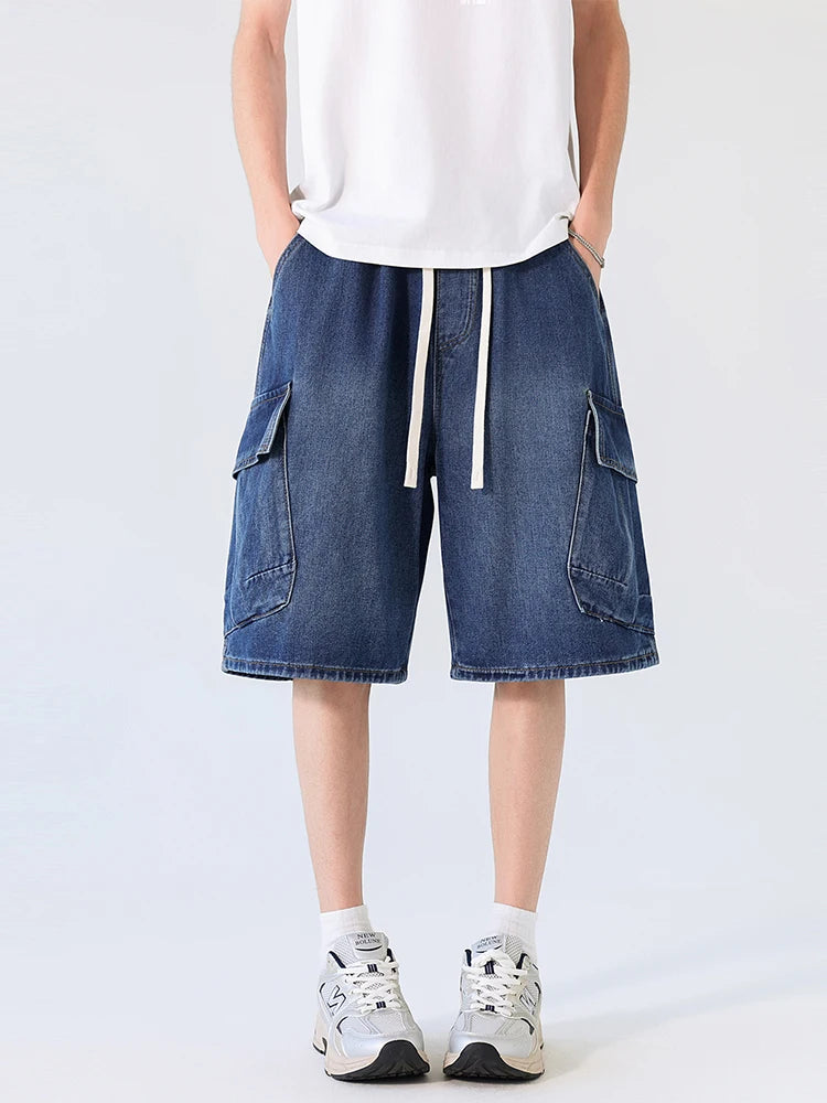 Cargo Shorts Men Summer Baggy Multi-pocket Jeans Straight Drawstring Moto Work Pants Fashion Cotton Black Blue Trousers New