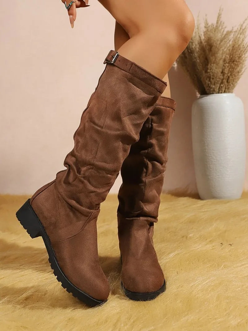 Women's Boots Round Toe Low Heel Suede-Look Slouchy Shaft Buckle Strap Textured Outsole Casual Daily Urban Walk Footwear Gear