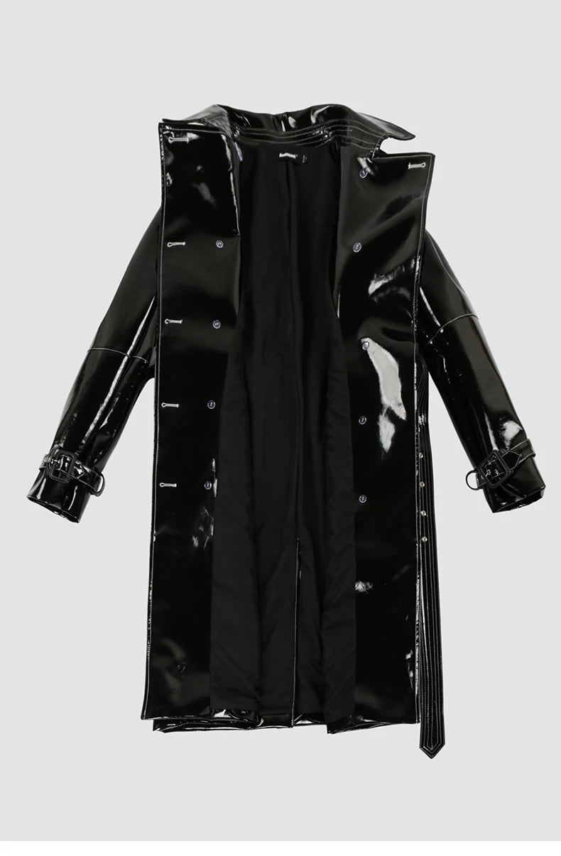 Nerazzurri Autumn Long Shiny Black Red Patent Pu Leather Trench Coat for Women Belt Double Breasted Luxury Designer Clothes 2023
