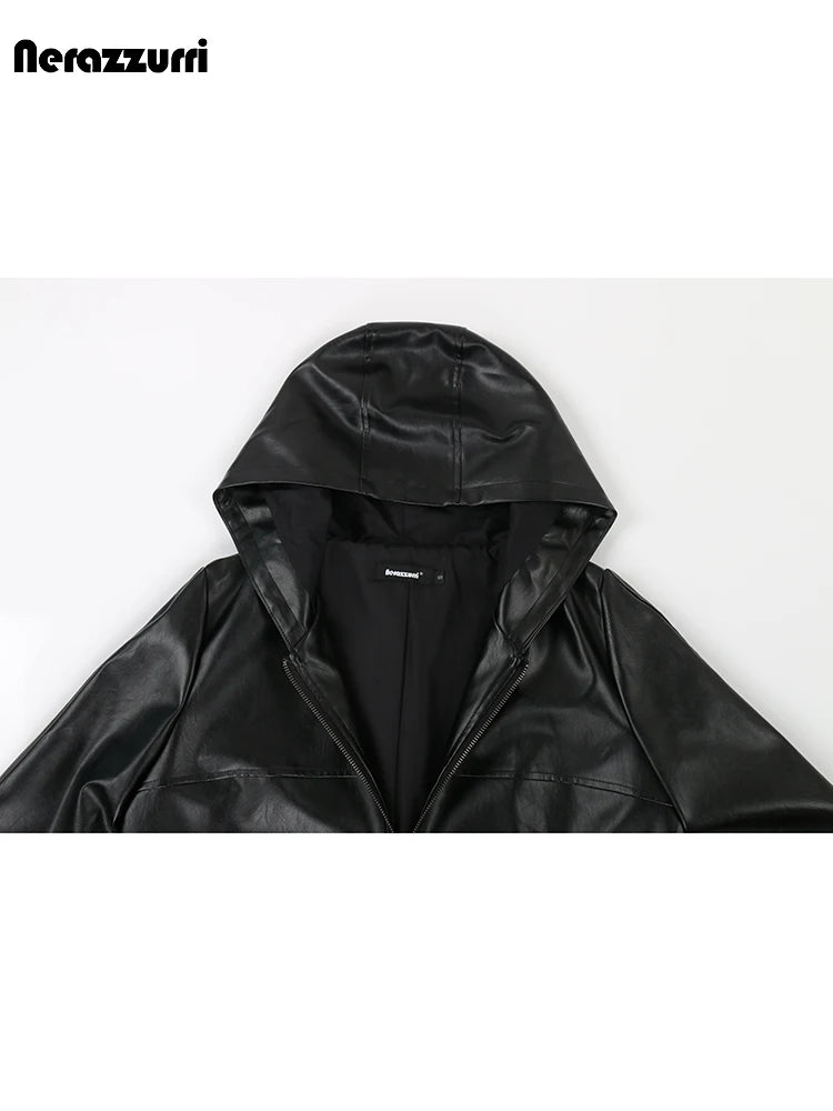 Nerazzurri Spring Autumn Black Waterproof Lightweight Soft Pu Leather Jacket Women with Hood Zipper Loose Casual Clothes 2023