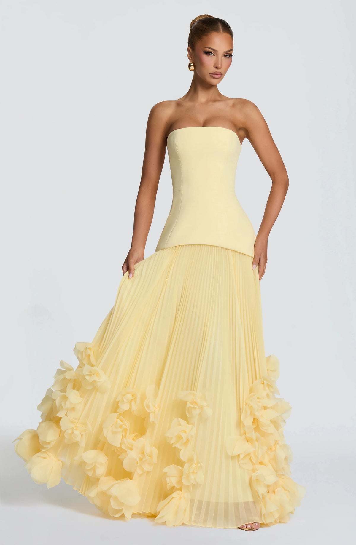 Sexy Lemon Strapless Corset Maxi Gown Sleeveless Corset Pleated Chiffon 3d Floral Hem Flowy Skirt Formal Evening Party Wear