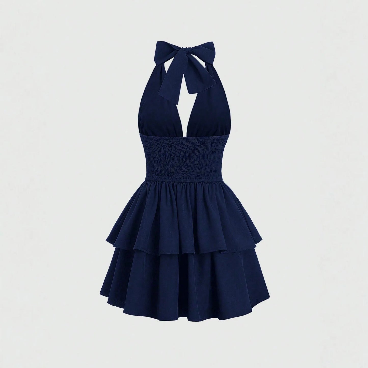 Elegant Halter Neck Mini Dress Women Sexy Deep V Neck Backless Short Dress Summer Ruched Ruffle Tiered Party Robe
