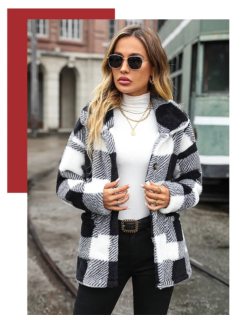 2026 Autumn Winter Long Sleeve Thick Jacket For Women Plush Warm Button Casual Coat Lady Elegant Loose Plaid Coat Female Clothes