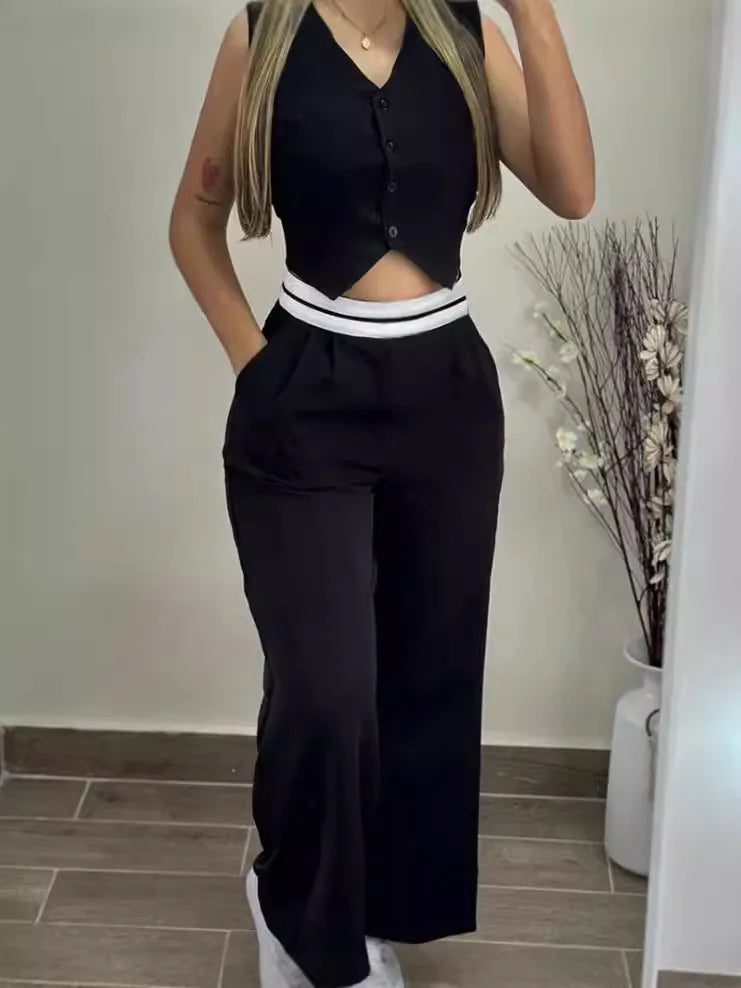 Elegant Two Piece Sets 2024 V-Neck Buttoned Vest Sleeveless Top & High Waist Pocket Straight Pant  Casual Streetwear Pants Set