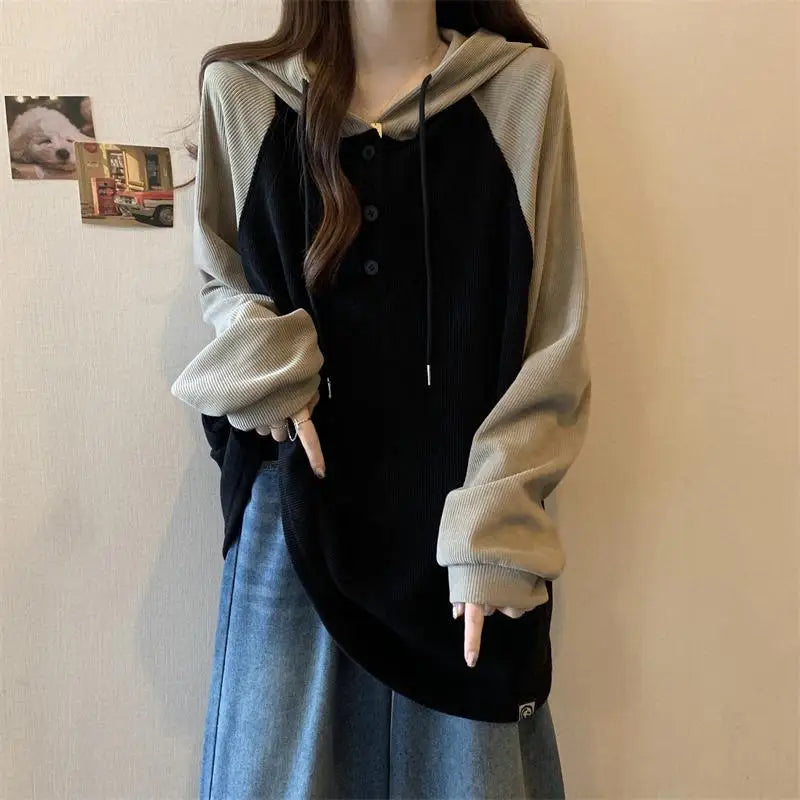 Women Clothing Fashion Casual Long Sleeve Hoodies Spring Autumn Loose Lazy Style Top Tee Office Lady Button Patchwork Pullover