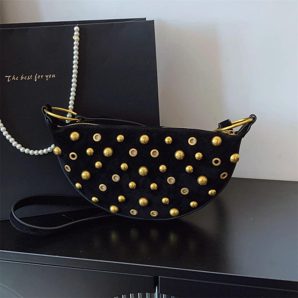 MOODS Branded Half-moon Shoulder Bags For Women Faux Suede Rivets Decor Crossbody Hobo Bags 2025 Latest Designer Handbags Luxury