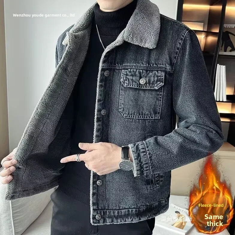 Men's Denim Jacket with Added Insulation and Thickening for Winter, Lamb Fur Lining, Durable Work Collar, Casual Jacket