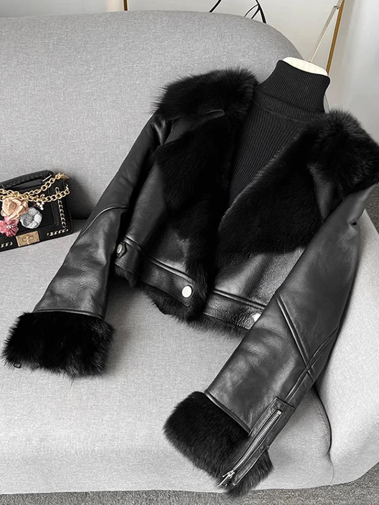 [EAM] Black Faux Fur Thick Big Size PU Leather Jacket New Lapel Long Sleeve Women Coat Fashion Tide Autumn Winter 2026 1DJ8775