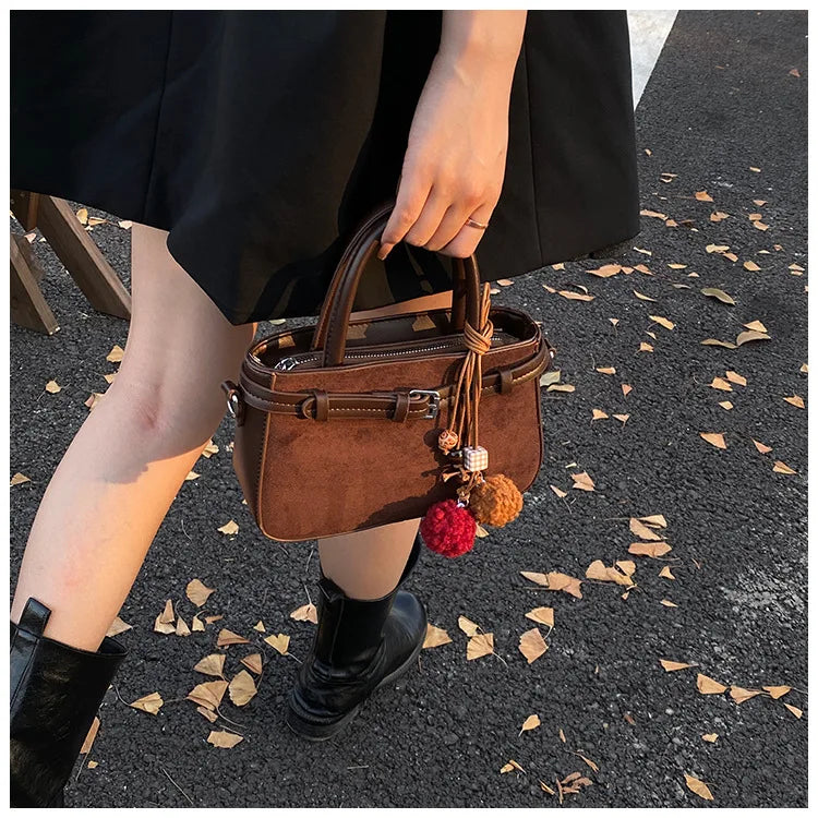 Retro Faux Suede Women's Handbag Fashionable Small Square Bag 2025 Winter Simple Short Handle Single Shoulder Crossbody Bag