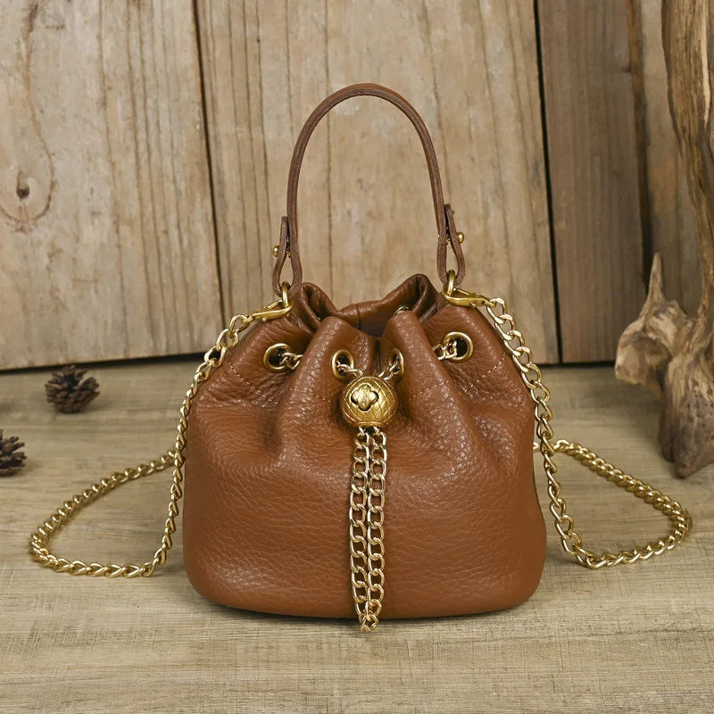 LD-Soft Leather Bag Versatile for All Seasons, Sweet and Ladylike. Top Layer Cowhide Handbag, Single Shoulder Bucket Bag