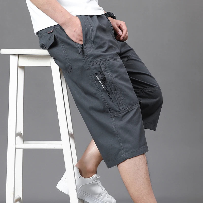 Zipper Pocket Workwear Shorts Mens Knee Cargo Pants 2026 Summer Cotton Shorts Men Climbing Jogger Elastic Waist Sports Work Wear