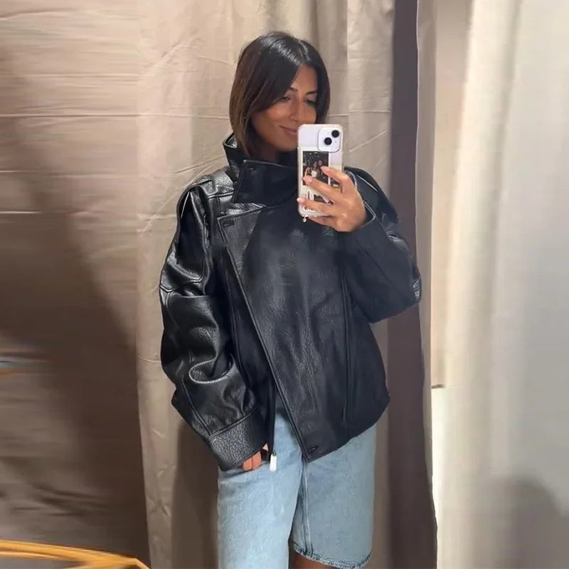 Fashion Leather Women's Jacket Y2k Street Single-breasted High Neck Female Coats 2026 Autumn Black Pu Long Sleeve Lady Jackets