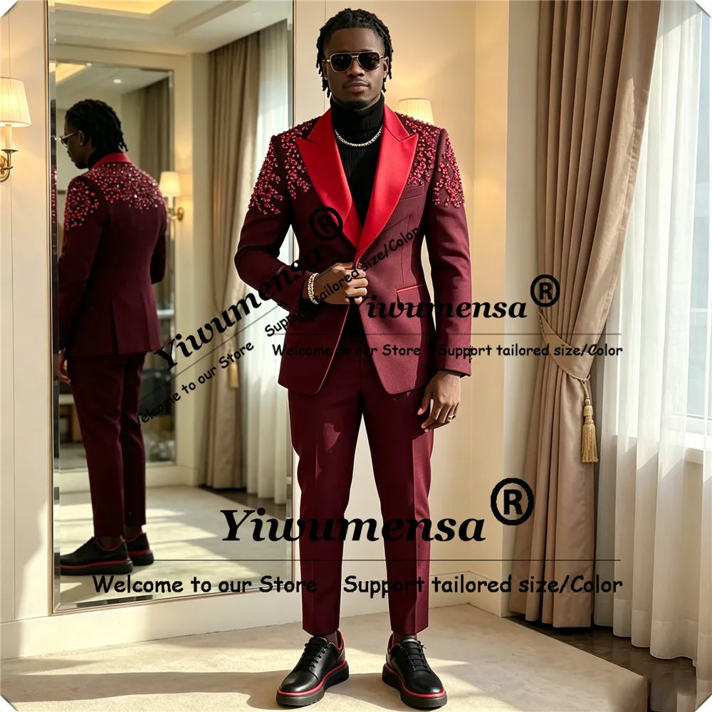 Luxury Weddng Suits For Man Red Label Beaded Stones Prom Blazers Customized 2 Pieces Sets Groomm Formal Party Tuxedos Attire