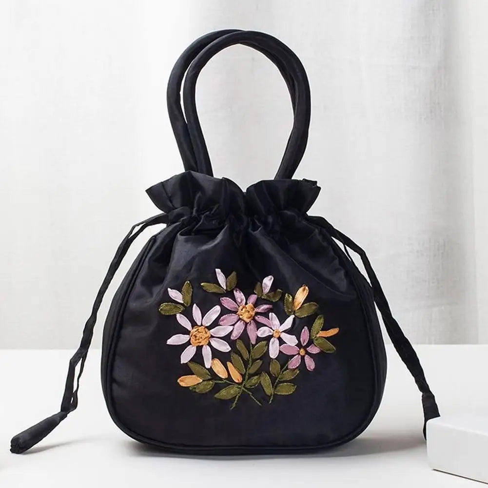 Women Bucket Bag Top Handle Ladies Handbag Phone Bag Summer Small Purse National Style Embroidered Flower Pattern Drawstring Bag