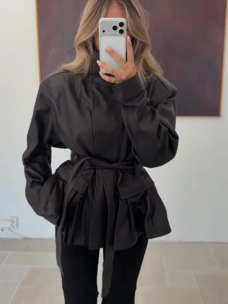 Women's Black Belted Faux Leather Jacket High Neck Long Sleeve Waist Belt Autumn Winter Peplum Jackets 2026 Street Outerwear