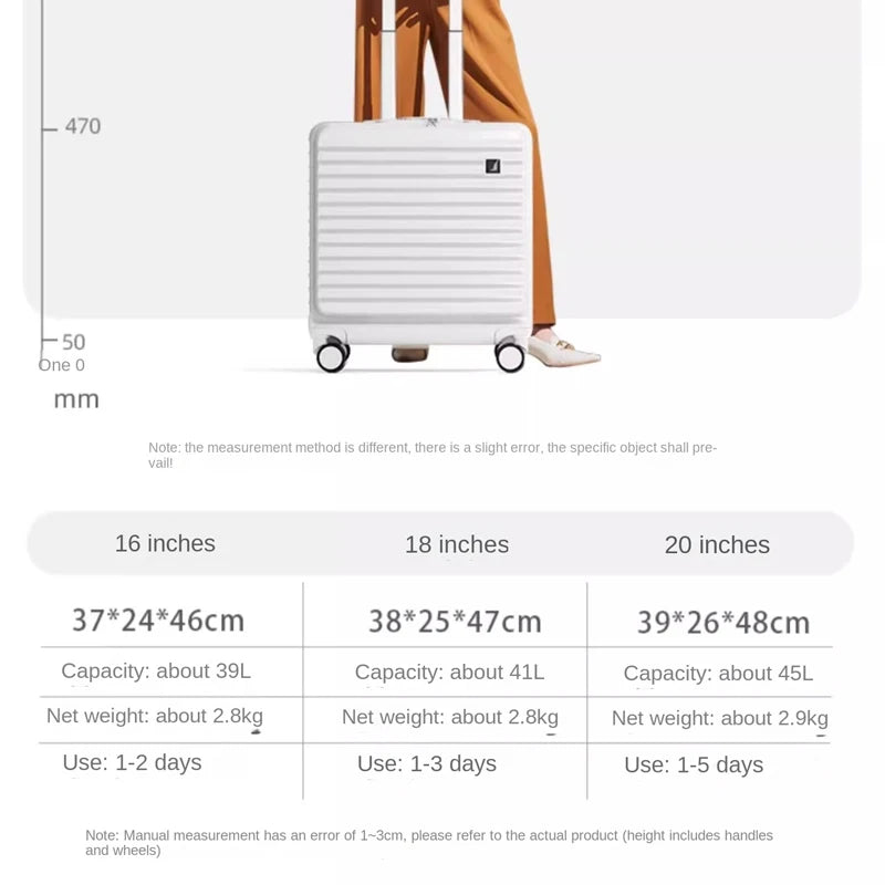Front Opening 18/20 inch Suitcase Cabin Luggage Small 16 inch Short Trip Bag Ultra-light Aluminium Frame Luggage Large Capacity