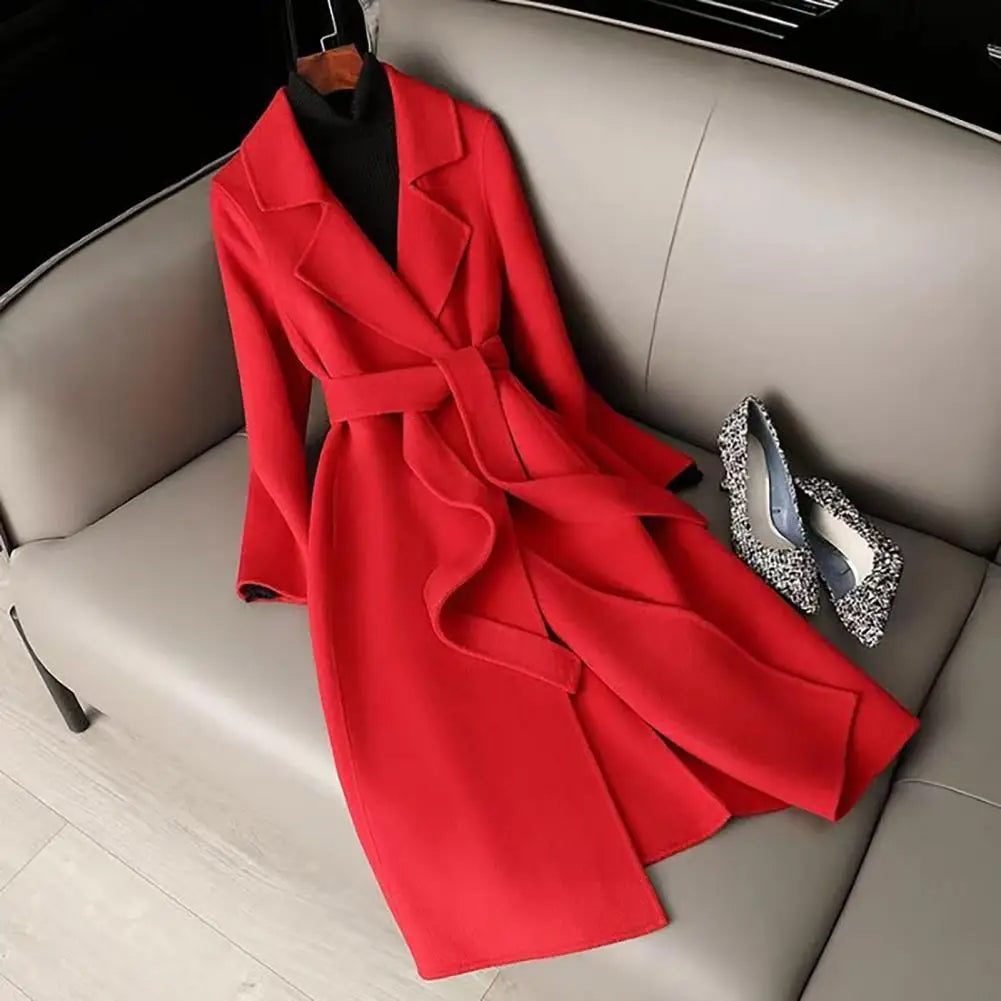 Women Wool Coat Womens Long Wool Peacoat with Belt Notched Lapel Overcoat Warm Fall Winter Trench Coat for Weather Polyester