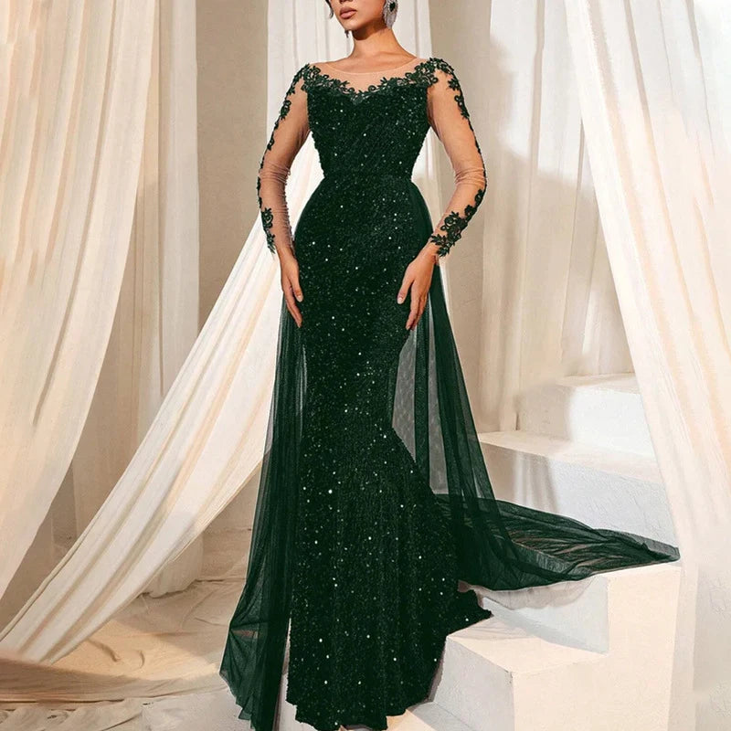 Luxury Long Sleeve Slim Dress Elegant V-neck Lace Sequin Mesh Spliced Evening Dress Fashion Solid Color High Waist Glitter Dress