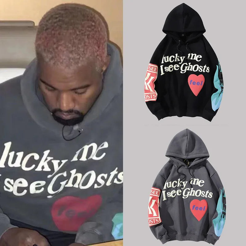Harajuku Weirdo Graffiti Letter Printed Hoodies Men 2025 Lucky Me I See Ghosts Mens Hooded Sweatshirt Fleece Pullover Streetwear
