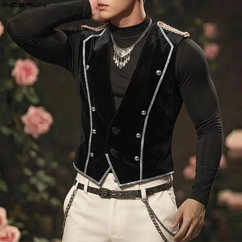 INCERUN Men's Vests Velour Patchwork Lapel Sleeveless Button Male Waistcoats Elegant Streetwear Fashion Casual Vests For Man