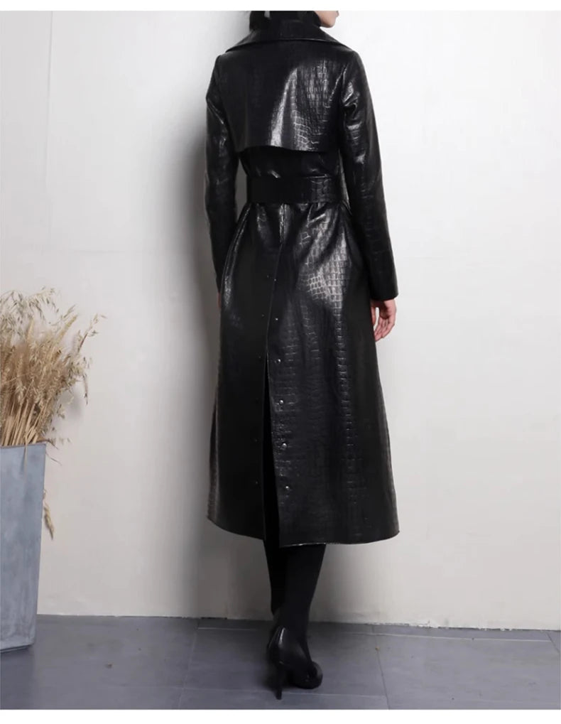 Lautaro Autumn Long Shiny Reflective Patent Faux Leather Trench Coat for Women Belt Double Breasted Luxury Designer Clothes 2023