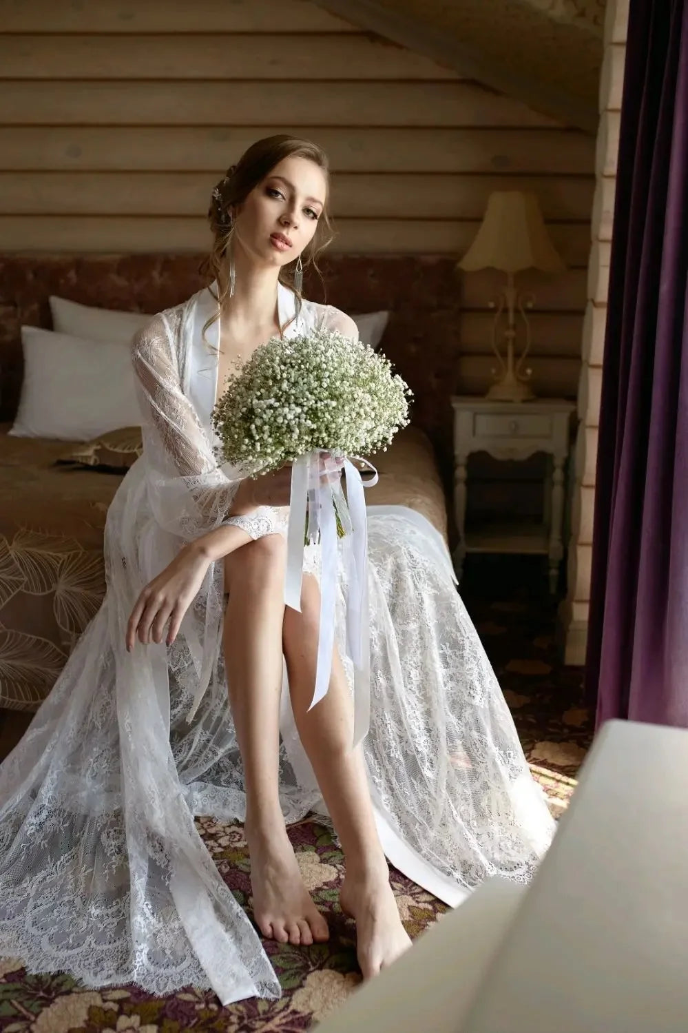 2 Pieces Wedding Robe Dress Customized Beach Full Lace Sexy Bridal Gowns for Photoshoot Night Gown