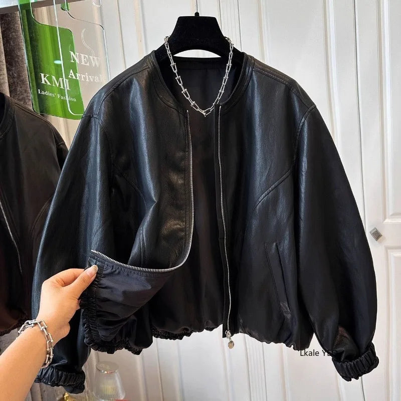 Women's Leather Coat 2026 Spring Autumn Comfortable Loose Slim Female Faux PU Outwear Round Neck Zipper Ladies Short Jacket