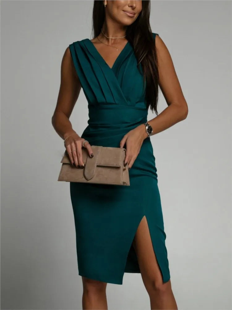 Summer Elegant Women Sexy Casual Sleeveless Office Mini Dress Fashion Solid Color V-neck High Waist Tight Side Split Dresses