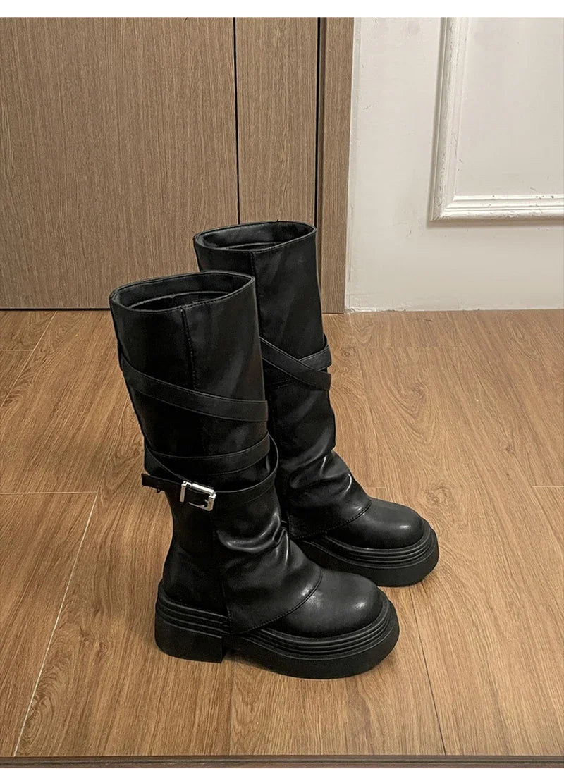Vintage Thick Heel Women Knight Long Boots Fashion Slip On Knee High Booties Autumn Winter Shoes Zapatos De Mujer