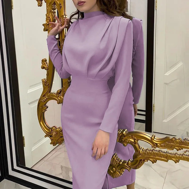 Women's Spring New Dresses with European and American Temperament, Waist Wrapped Solid Color Skirt, Long Sleeves, Round Neck