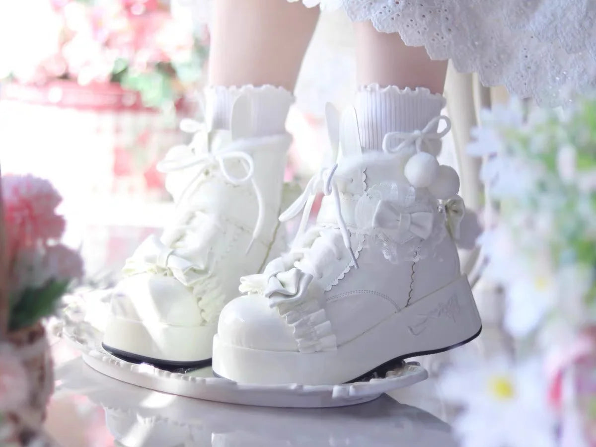 Kawaii Rabbit Tail Short Boots Women's Fleece Lined Thick Heel Lolita Snow Boots Winter Warm Cute Cotton Shoes for Women