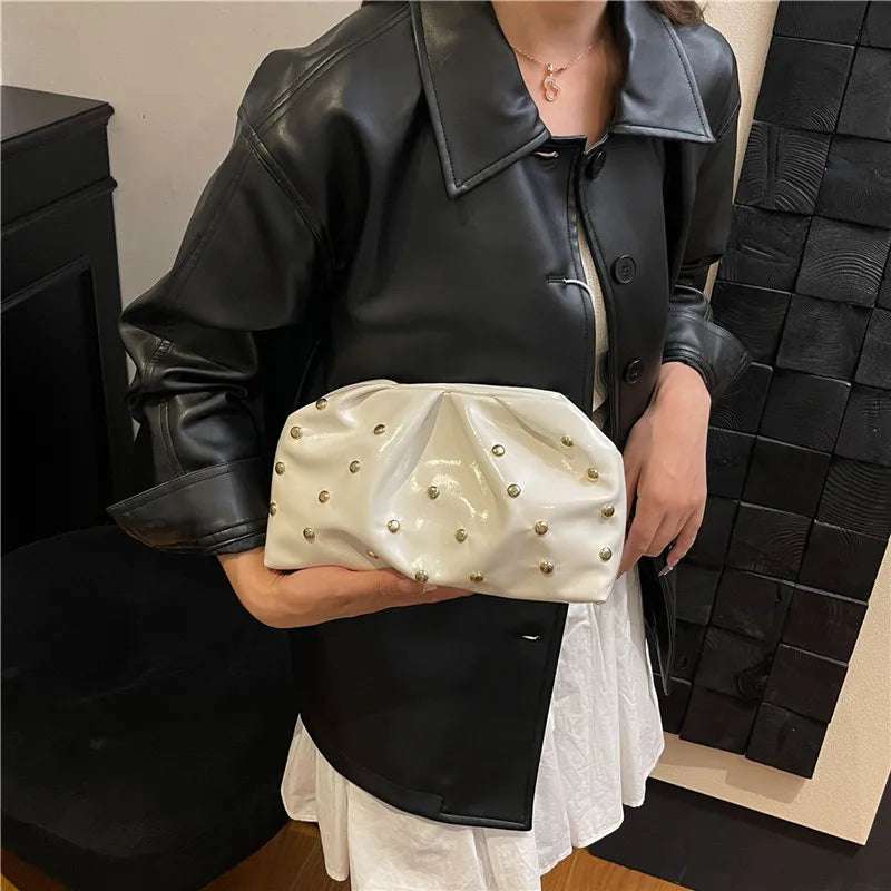 Simple Versatile Clip Evening Handbags for Women Solid Color Rivet Pleated Design Ladies Clutch Female Soft Pu Leather Purse