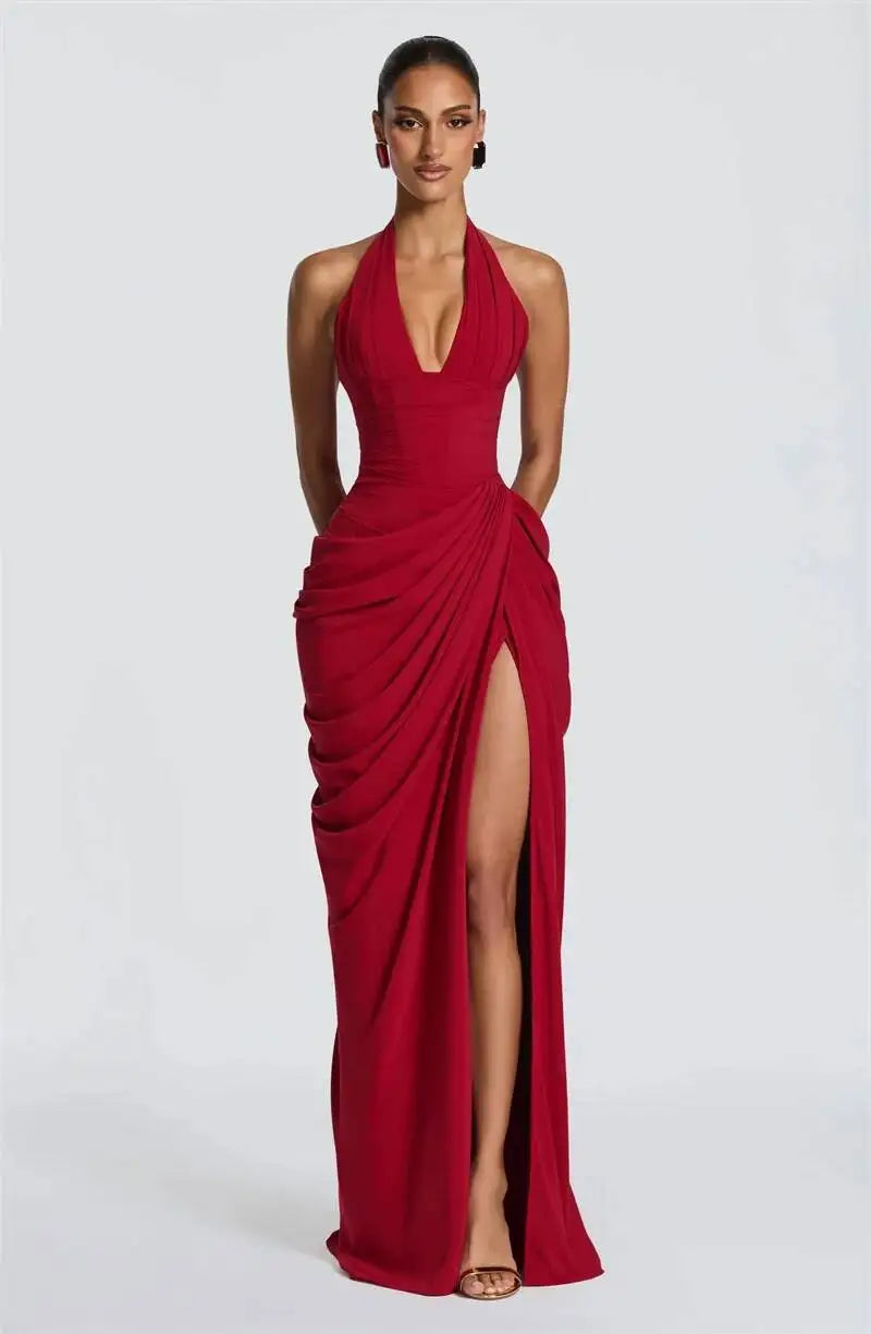 Mozision Wine Red Halter Deep V Maxi Dress Women Elegant Draped Ruched High Split Bodycon Cocktail Wedding Club Party Dresses