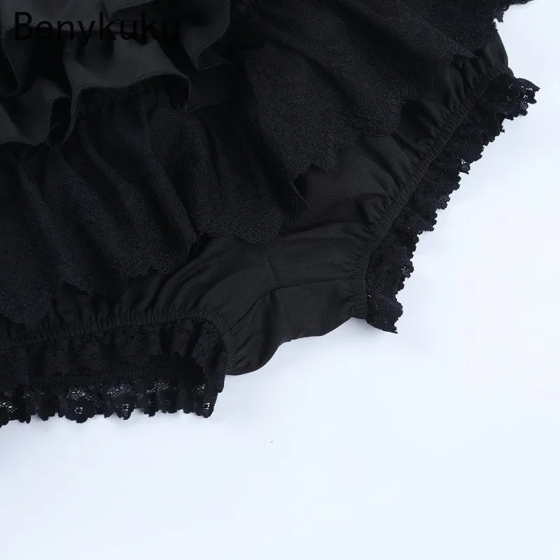 Gothic Punk Girls Kawaii High Waist Shorts Skirts Lolita Vintage Lace Ruffles Shorts Y2k E-girl Black Women Pumpkin Bloomers