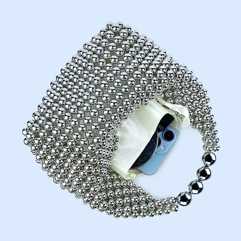 European and American high-end texture handmade silver beaded pillow bag, banquet bag, fashionable and versatile