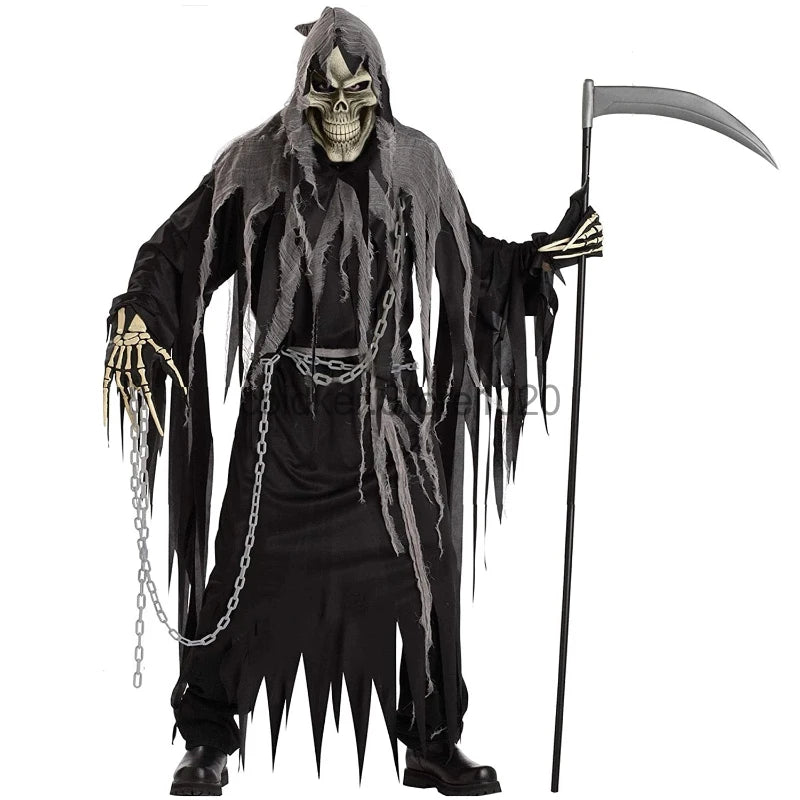 New Adult Grim Reaper Costume Men Women Scary Scythe Monster Cosplay Outfits Halloween Carnival Theme Party Dress Up No Scythe