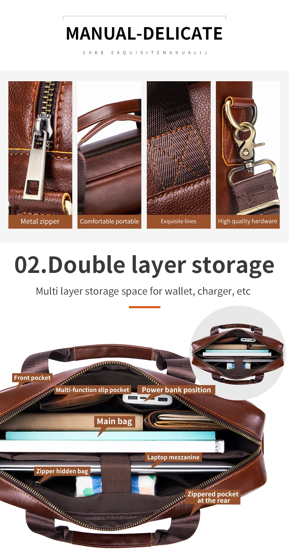 Hot Selling Men's Bags, Leather Handbags, Men's Top Layer Cowhide Briefcase, 15 Inch Computer File Bag
