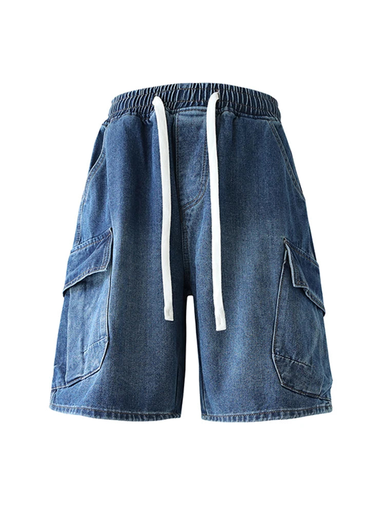 Cargo Shorts Men Summer Baggy Multi-pocket Jeans Straight Drawstring Moto Work Pants Fashion Cotton Black Blue Trousers New