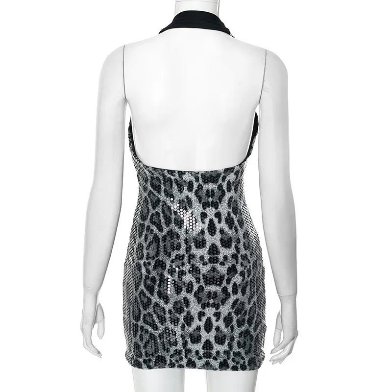 Sexy Dress Dresses 2025 Woman Vestidos Animal Print Backless Halter Neck Package Hip Sleeveless Wild Hot Girl Style Street Wind