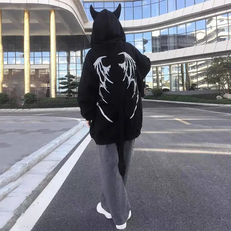 2025 Autumn Harajuku Hoodies Women Gothic Devil Horn Hooded Sweatshirt Halloween Cos Clothes Detachable Tail Zip-Up Outwear