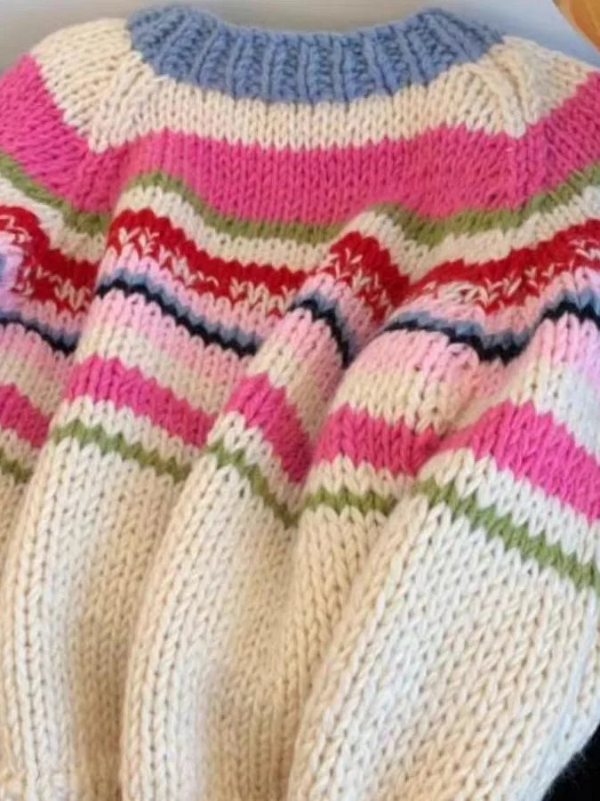 Retro Rainbow Stripes Lazy Sle Loose Knitted Sweater Women's Autumn New Faionable round Ne Top Versatile Comfortable Fit