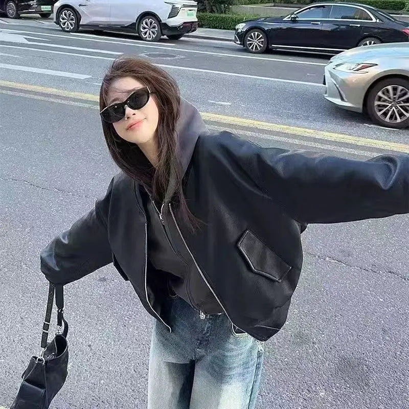 Black Short Baseball Jacket Leather Jacket Women's 2026 Spring New Pu Leather Cool Sa Style Retro Loose Locomotive Clothing