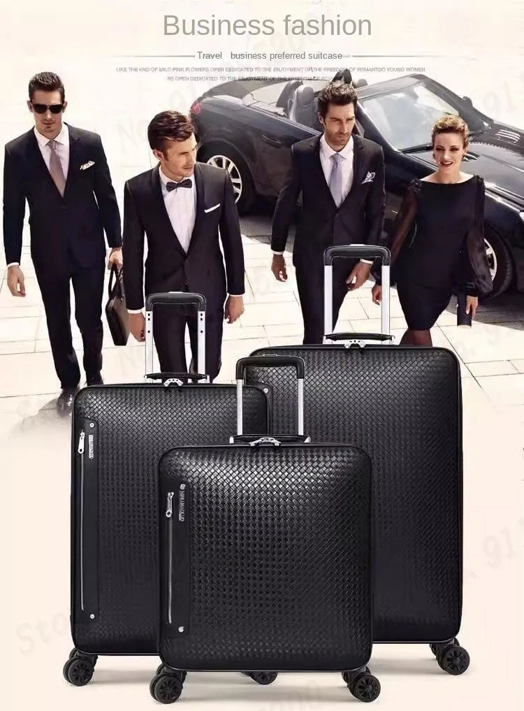 Genuine Leather Trolley Case 20 Inch Men's Business Boarding Suitcase Universal Wheel Luggage Bag 16 Inch Woven Pattern Leather