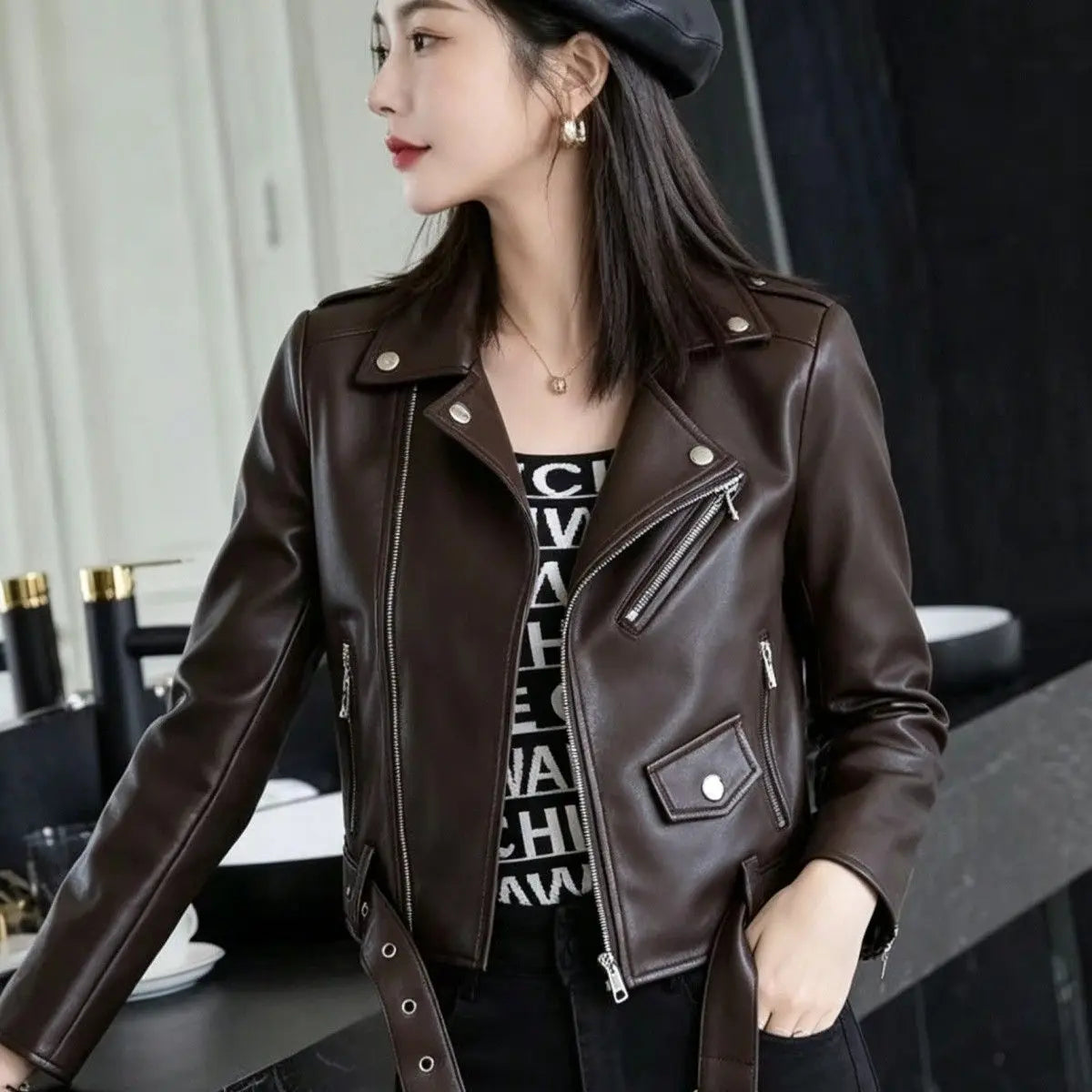 2026 autumn winter new women's PU leather jacket locomotive suit Maillard lapel large size women's leather jacket jacket women