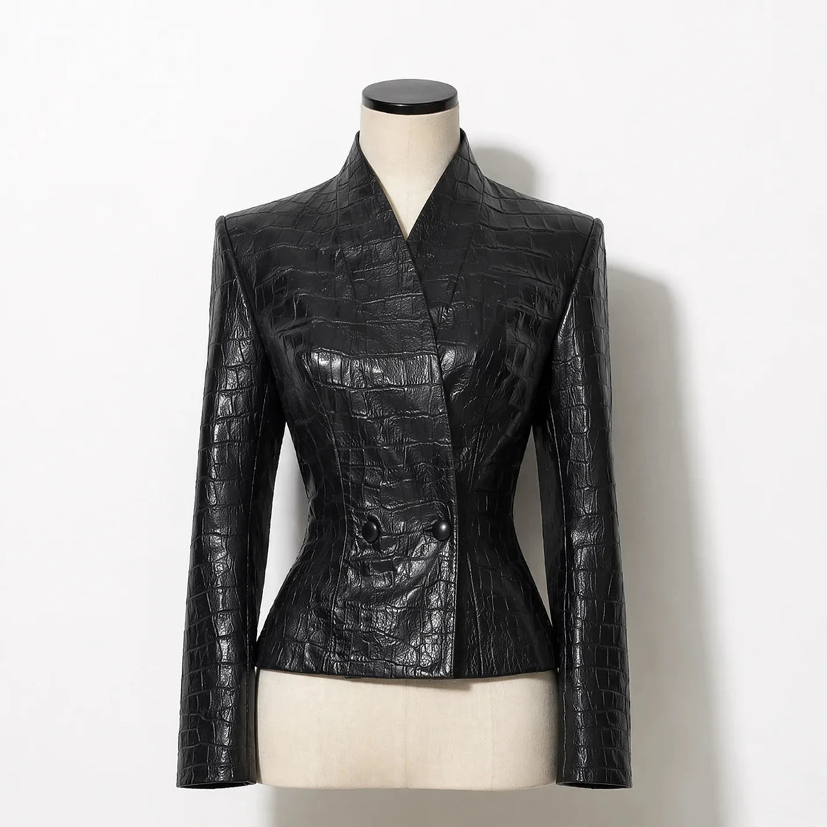 TOKO 2026 New Women V Neck Embossed Faux Leather Jacket Double Button Fitted Waist Long Sleeve Solid Black Slim Short