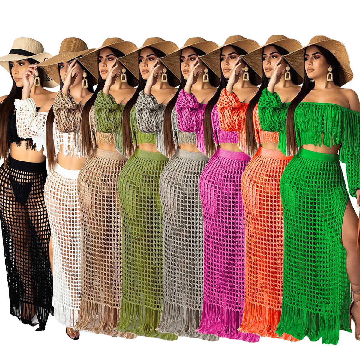Skirt 2 Piece Set Women Beach Long Skirts Suit Top Off Shoulder Tassels Sexy Hollow Out Ensemble 2025 Summer Female Outfits