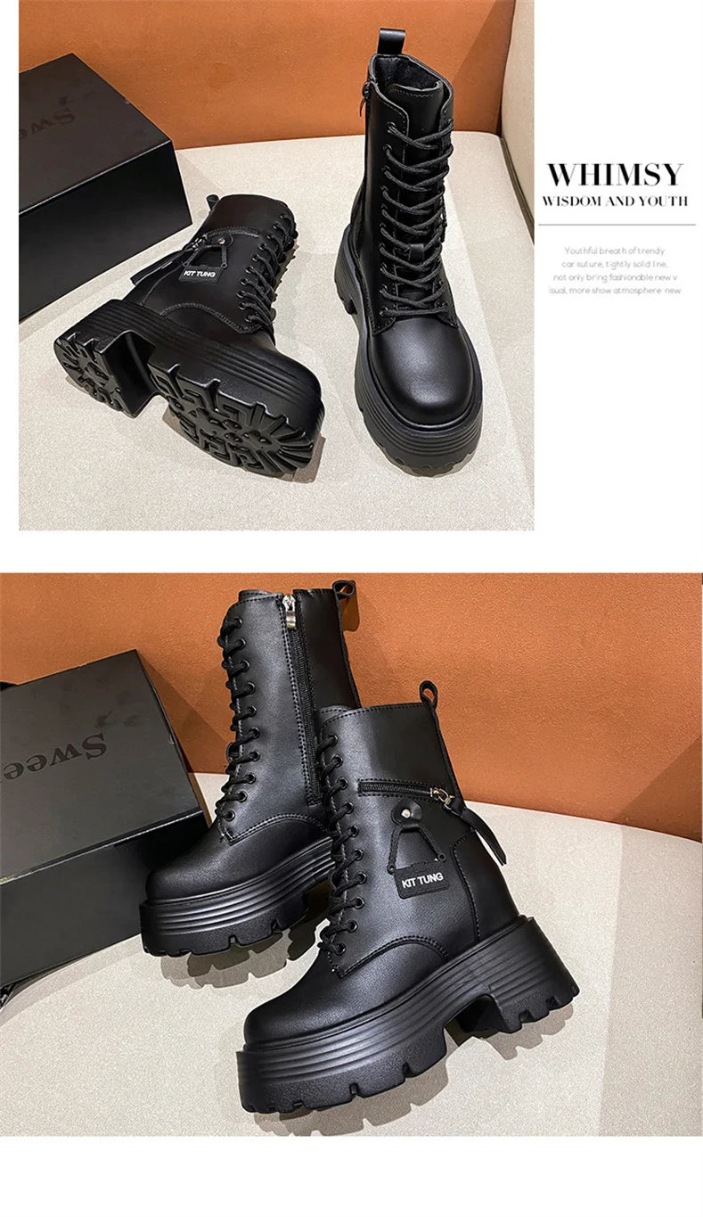 New 2023 Autumn Platform Mid-calf Boots  Women Thick Sole Winter Leather Punk Shoes Chunky Motorcycle Boots Woman