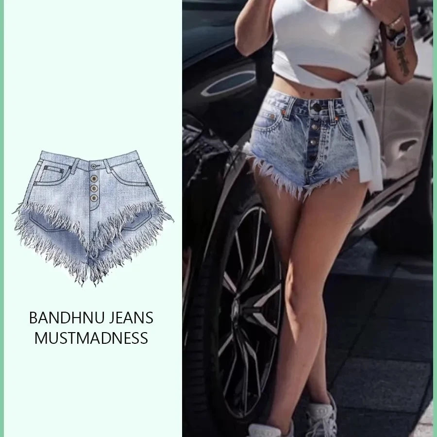 Fashion Denim Shorts Women's Streetwear Bar spicy girl A-line Wide leg Shorts Summer High waisted breasted Fringe Hot Pants