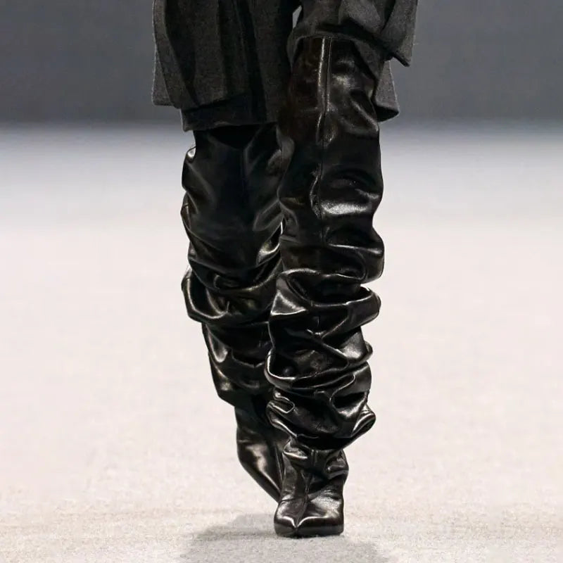 Women's Fashion Pointed Thick Soled Pleated Short Boots, Autumn and Winter Thick Heeled Long Boots, Sexy Runway Women's Boots