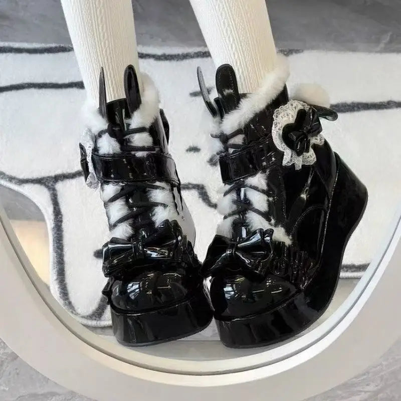 Kawaii Rabbit Tail Short Boots Women's Fleece Lined Thick Heel Lolita Snow Boots Winter Warm Cute Cotton Shoes for Women